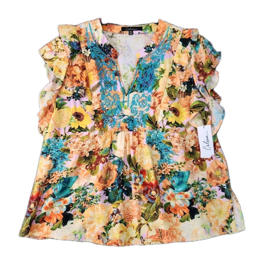 NEW Calessa Top PXL Floral Multi Mixed Print Embroidered Boho Flowy Festival